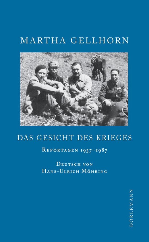 Boekhoes met 'Martha Gellhorn', 'Das Gesicht des Krieges' en vier mannen in een foto.