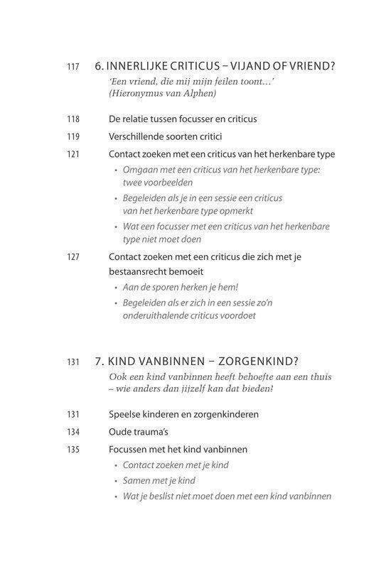 Tekstpagina van een boek met titels van hoofdstukken zoals "6. INNERLIJKE CRITICUS - VIJAND OF VRIEND?" en "7. KIND VANBINNEN - ZORGENKIND?".