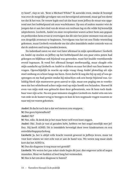 Pagina met een dialoog uit het boek 'Narratieve therapie in de praktijk'.