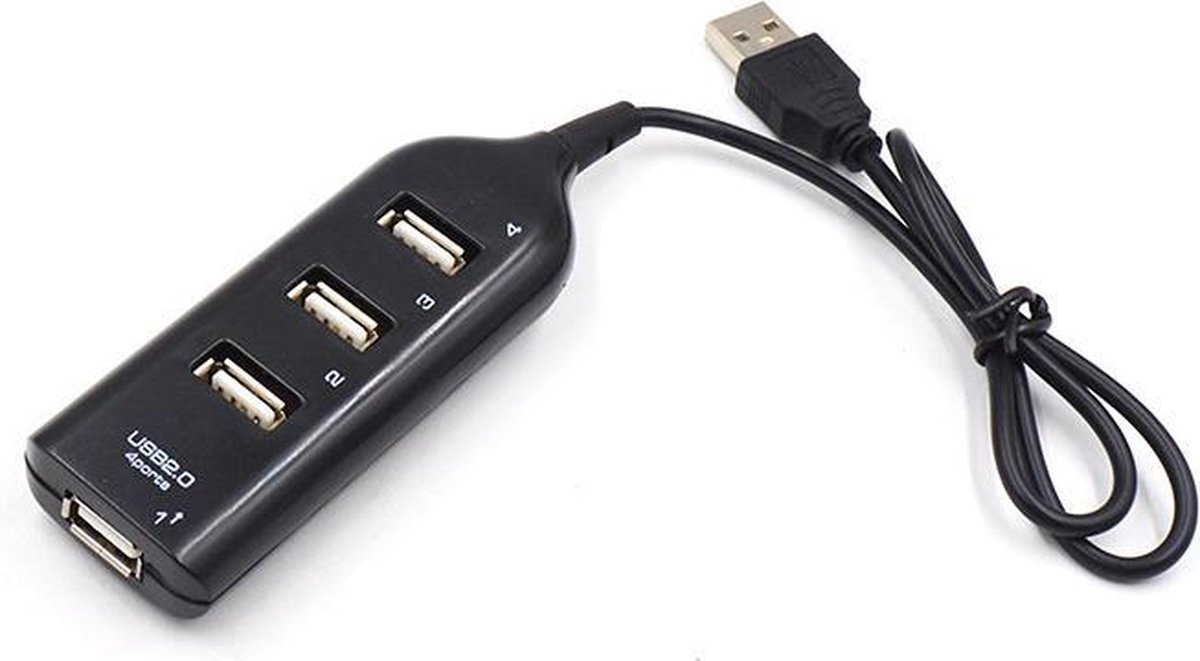 USB-hub, USB 2.0, 1 tot 4-connector waarmee u tegelijkertijd meerdere apparaten op uw computer kunt aansluiten. Zwart