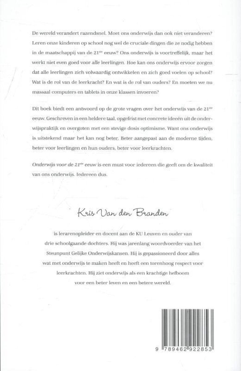 Achterkant boek 'Onderwijs voor de 21ste eeuw' met tekst en auteursinformatie.