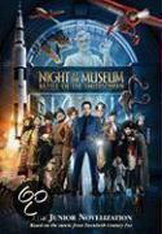 Filmposter van Night at the Museum: Battle of the Smithsonian met de cast, een raket en historische figuren.