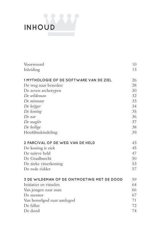 Inhoudsopgave met hoofdstuktitels zoals 'Mythologie van de software van de ziel', 'Percival' en 'De wildeman'.