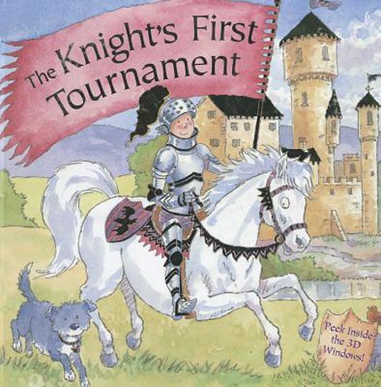 Een ridder in glimmend harnas op een wit paard, met een vlag met 'The Knight's First Tournament'. Een hondje rent mee.