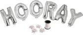 Folie ballonset zilver met letters HOORAY 41 cm + geschenklint 10m met 4 witte strikken