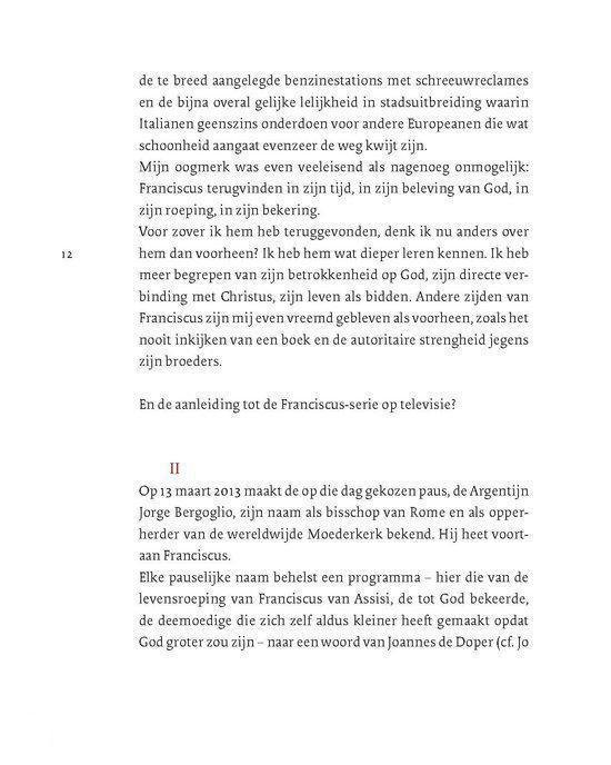 Boekpagina met tekst over Franciscus en paus Franciscus. Paginaummer 12.