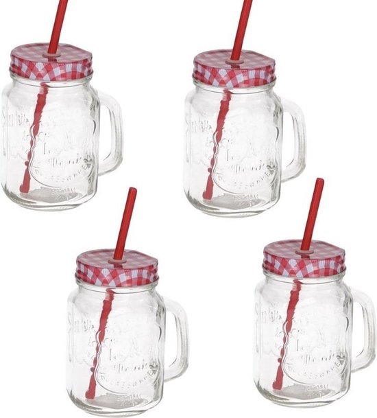 4x Mason jar drinkglas met rood deksel en rietje 500 ml - Smoothie bekers -  Mason jars... | bol.com