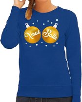 Foute kersttrui / sweater blauw met gouden Xmas Balls borsten voor dames - kerstkleding / christmas outfit S (36)