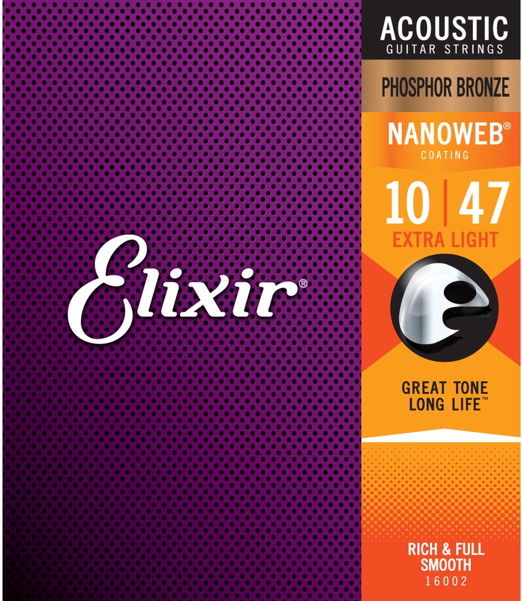 Elixir 16002 Snaren voor akoestische gitaren 6 Akoestische fosfor Bronze Nanoweb Coating Extra Light