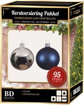 Bellatio Decorations Kerstballen mix - zilver-donkerblauw - voor 150 cm boom - 95 stuks