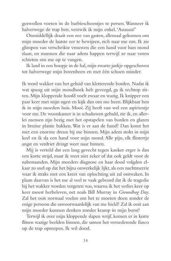 Pagina 14 uit een boek, met tekst over een vrouw en haar worstelingen.