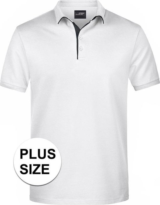 Grote maten polo shirt Golf Pro premium wit/zwart voor heren - Witte plus size herenkleding - Werk/zakelijke polo t-shirts 3XL