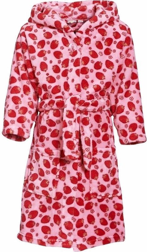 Roze badjas/ochtendjas met aardbeien print voor kinderen. 146/152 (11-12 jr)