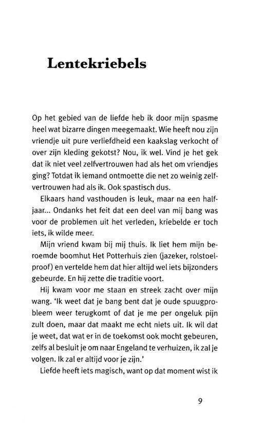 Tekstpagina met de titel 'Lentekriebels' en een alinea die begint met 'Op het gebied van de liefde heb ik door mijn spasme heel wat bizarre dingen meegemaakt.'
