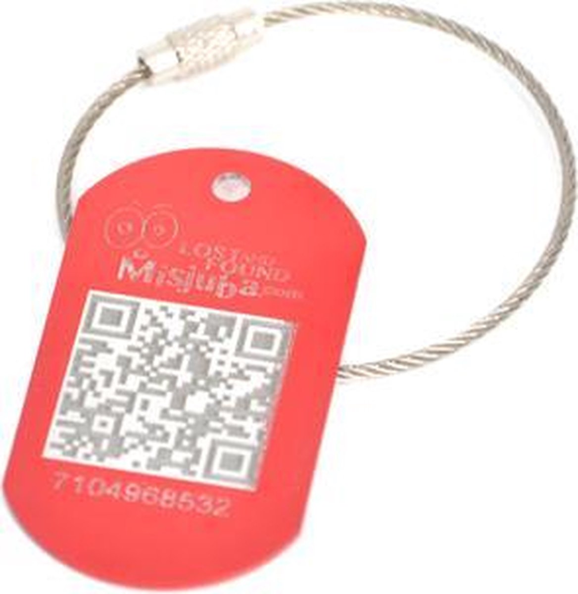 Misjuba - lost item - gevonden verloren - Kofferlabel Aluminium rood met RVS kabel