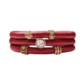 Quiges - Leren Wikkelarmband Rood 66cm met Aanschuif Bedels Roségoudkleurig - RVS Magneetsluiting - ELBS116