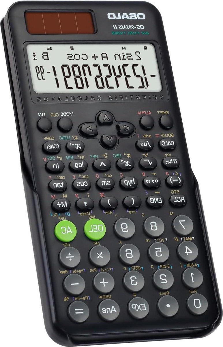 Wetenschappelijke rekenmachine - 401 functie - Zonne-energie - Batterij - School - Zwart - 10+2 cijfers display - Beschermhoes