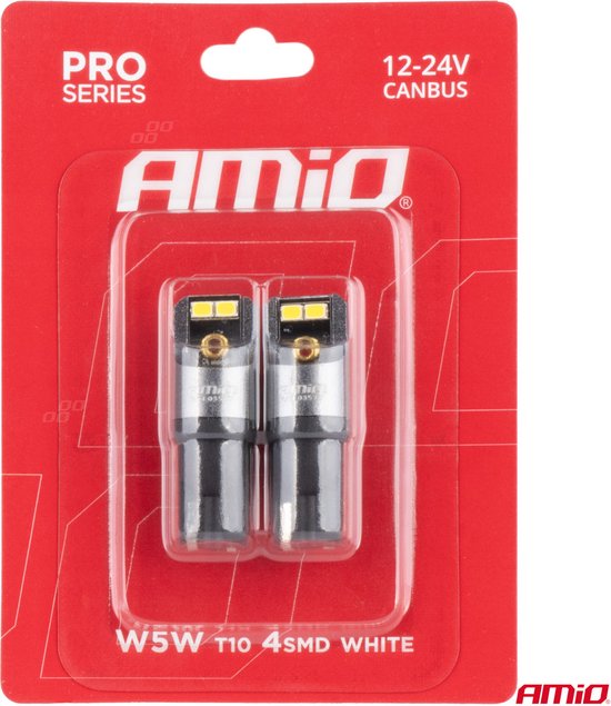 AMiO T10 W5W LED 12V-24V 4x2016 SMD Wit Canbus [Éclairage intérieur - Feux de Jour] (2 pièces)