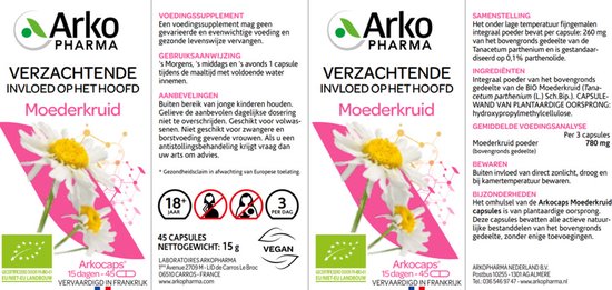 Doosjes en potje Arkopharma Moederkruid met bloemenillustratie en bio-keurmerk.