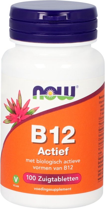 Flesje NOW B12 Actief met 100 zuigtabletten, met vegan-logo en oranje/witte etikettering.