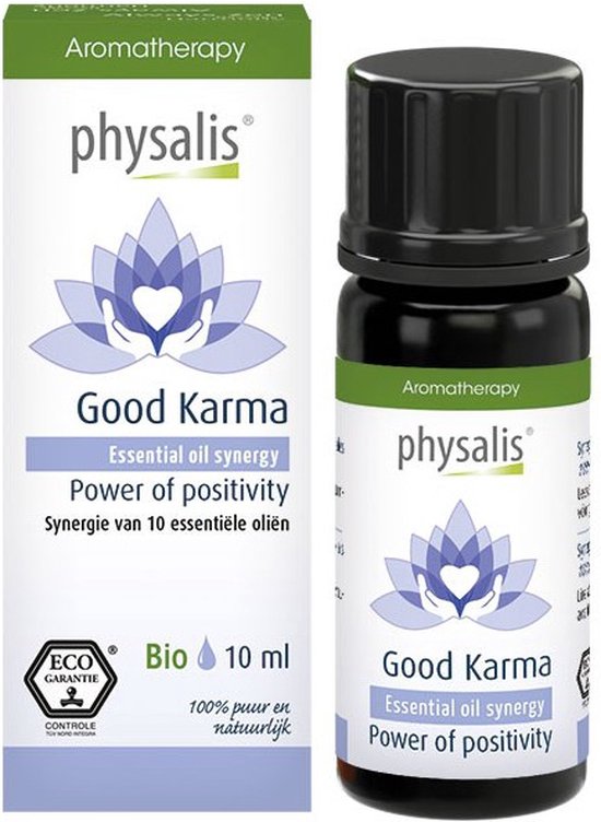 Physalis Good Karma biologische etherische olie van 10 ml in een donker glazen flesje met bijpassende witte verpakking.