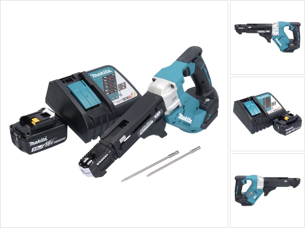 Makita DFR 551 RF1 accu-schroevendraaier met magazijn 18 V 25 - 55 mm borstelloos + 1x accu 3,0 Ah + oplader