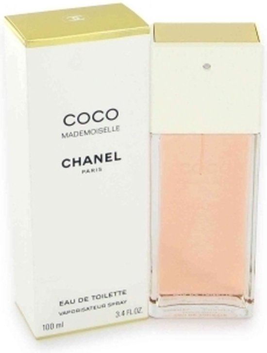 Coco Mademoiselle Eau de Toilette 100 ml sprayfles met roze vloeistof in witte verpakking.