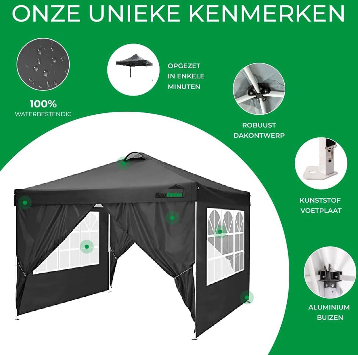 Easy-Up Partytent 3x3m Aluminium Frame met Zijwanden Grijs