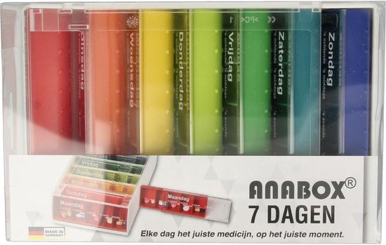 Boîte à pilules Anabox 7 jours dans son emballage, couleurs arc-en-ciel. Fabriqué en Allemagne.