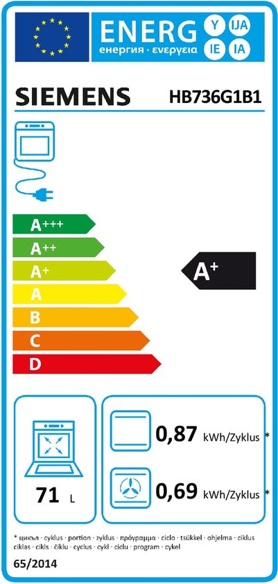 Siemens energie-efficiëntielabel met A+ rating en 71L capaciteit.