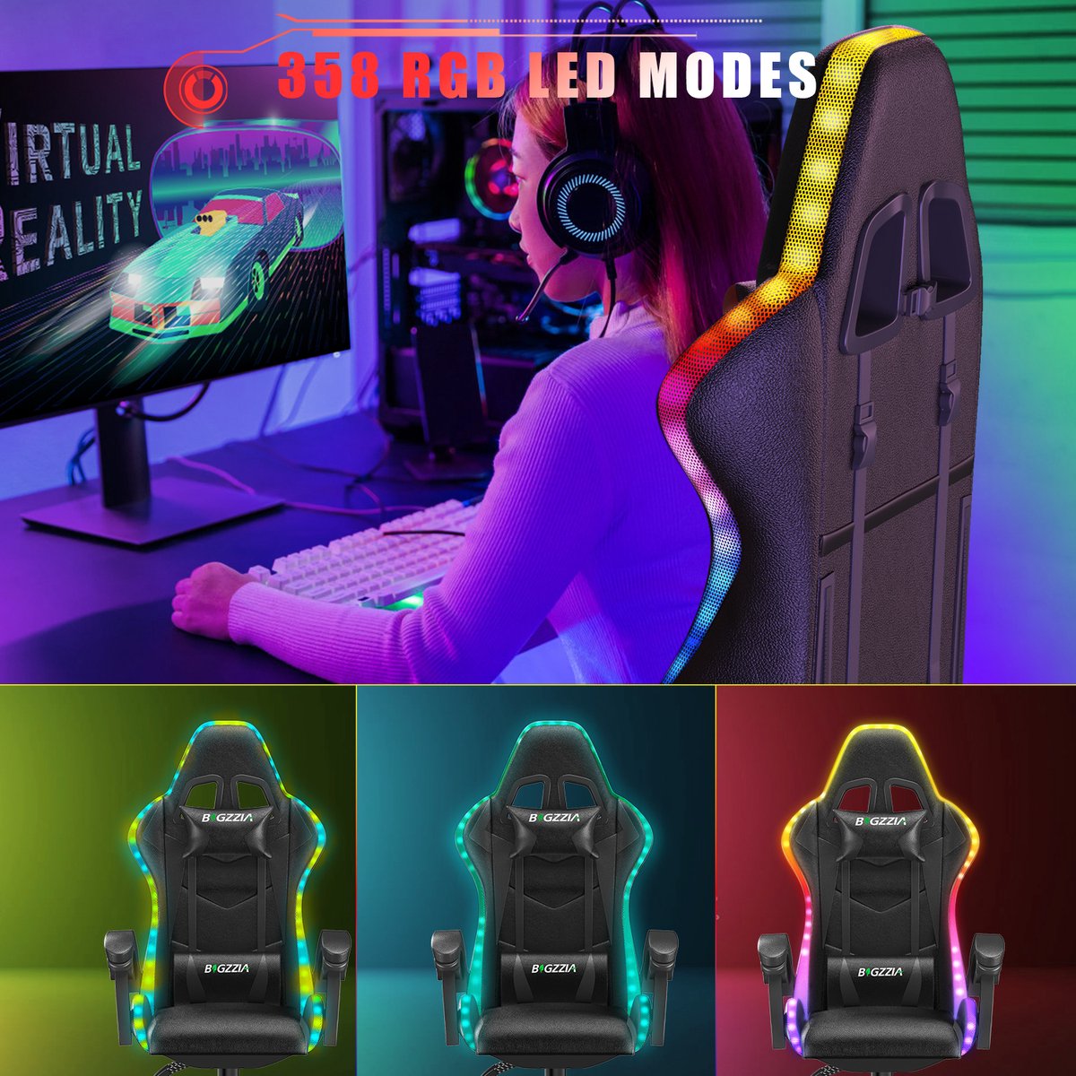 Gaming stoel met LED lichteffecten - Ergonomische Bureaustoel - Verstelbare rugleuning - LED Gaming stoel met lendensteun en hoofdsteun - Zwart – foto 5