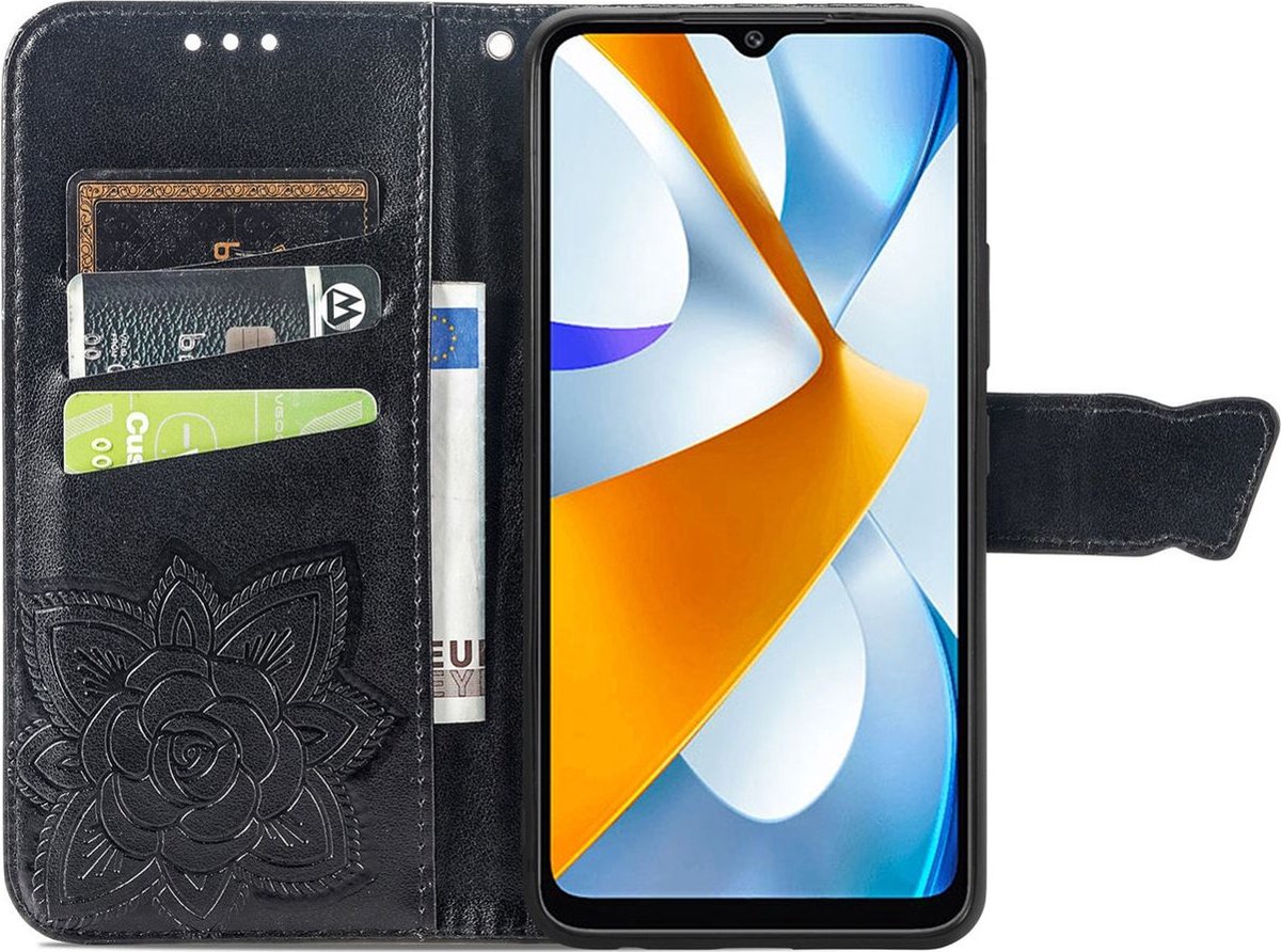 Mobigear Telefoonhoesje geschikt voor POCO C40 Hoesje | Mobigear Butterfly Bookcase Portemonnee | Pasjeshouder voor 3 Pasjes | Telefoonhoesje voor Pinpas / OV Kaart / Rijbewijs - Zwart