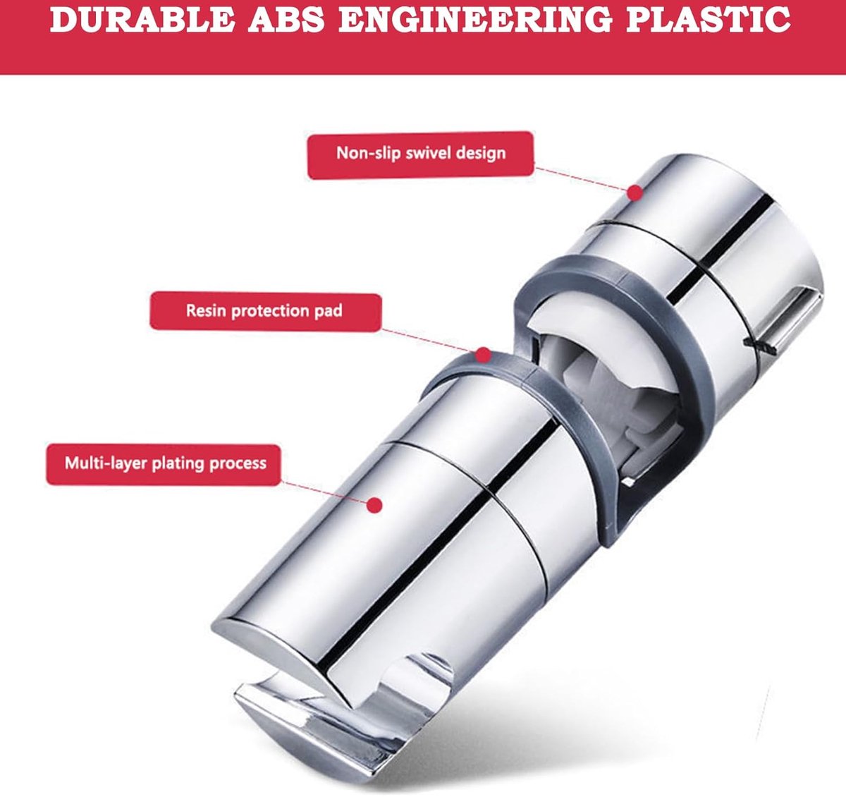 Douchekophouder, handdouchehouder, verstelbare diameter 18-25 mm, 360° draaibaar zonder boren, douchekophouder voor schuifstang, ABS verchroomd