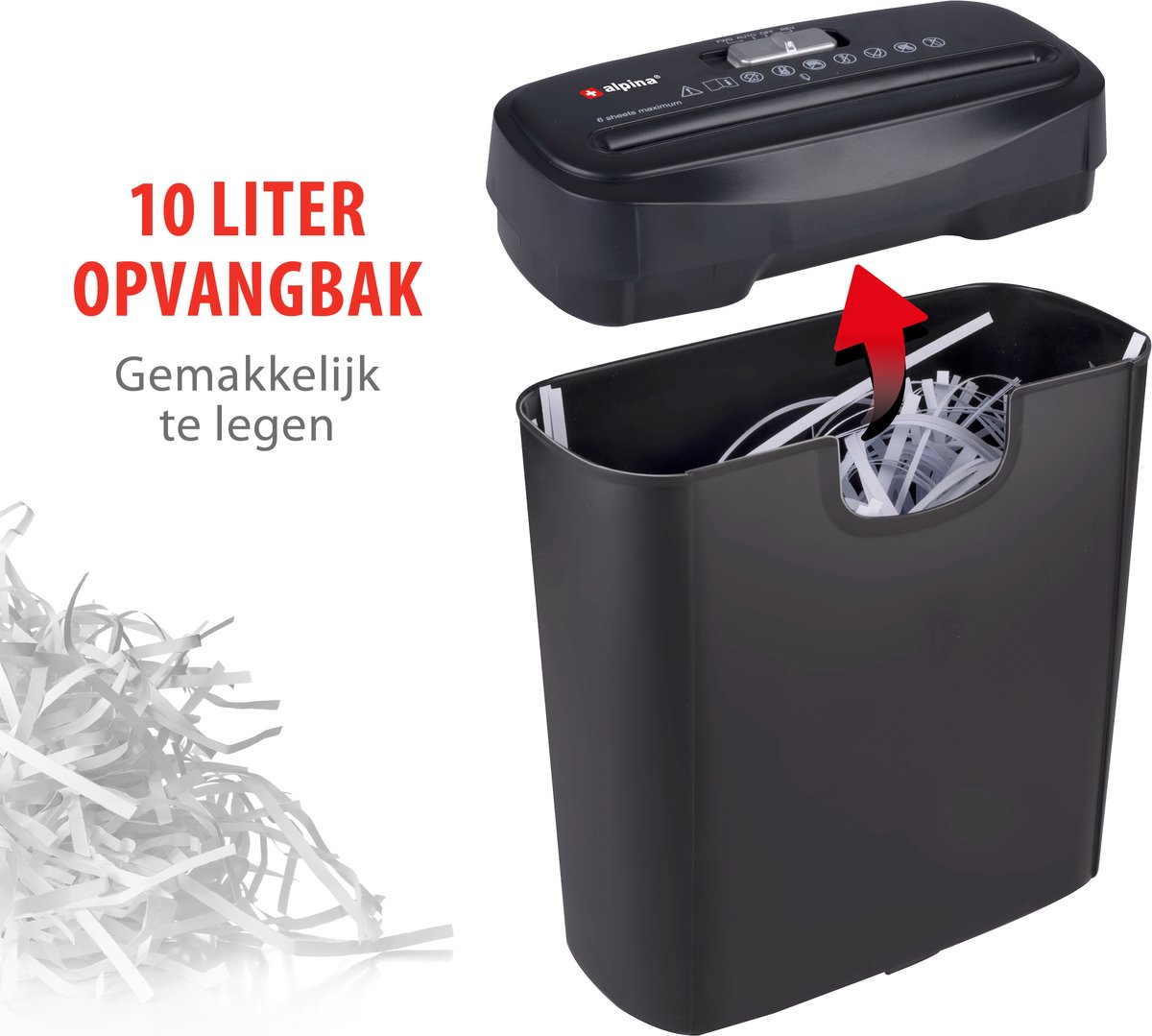 alpina Papierversnipperaar – Papiervernietiger voor Thuis en Kantoor – Shredder Vernietigt Creditcard - Versnipper 6 A4 Vellen in 1 Keer – 10L Bak – 190W Vermogen – Zwart thumbnail 3