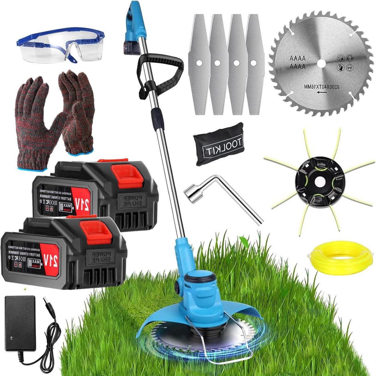 Elektrische bosmaaier 21 V draadloos met accu 40 Ah - 3 soorten messen - snijdiameter 20 cm - licht - geluidsarm - tuin snoeien - accu bosmaaier Grastrimmer met accu
