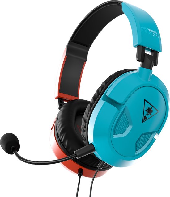 Turtle Beach Recon 50 gaming headset in blauw en oranje met zwarte oorkussens en microfoon.