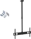 Zwarte plafond tv-beugel met schroeven op witte achtergrond.