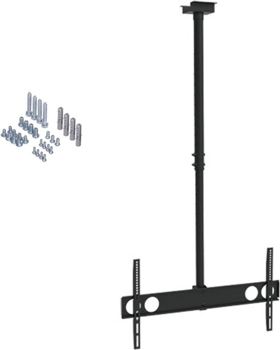 Zwarte plafond tv-beugel met schroeven op witte achtergrond.
