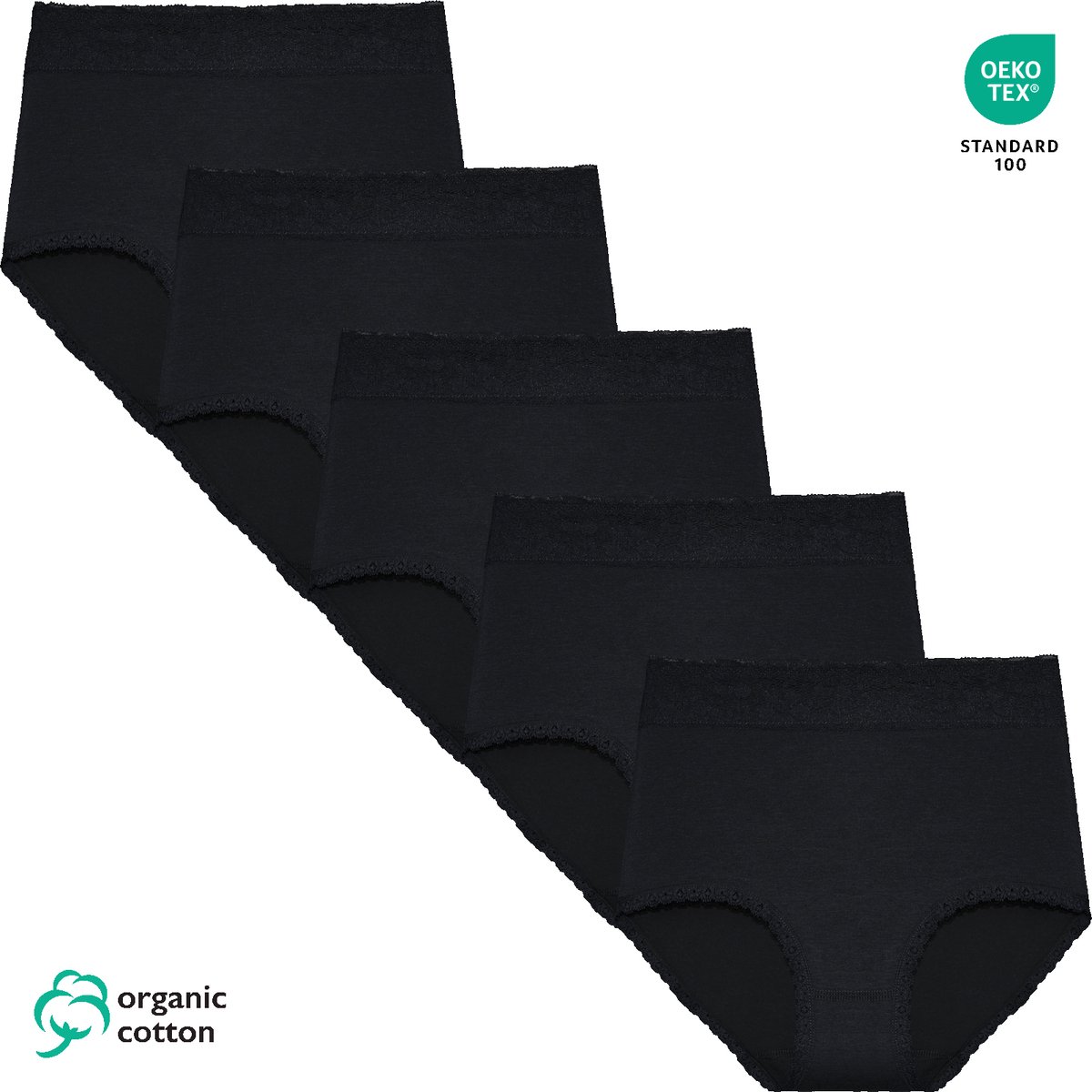 Dames Slip - Hoge Taille Slip - 5-Pack - Maat L - Zwart - Organisch Katoen - Dames Ondergoed - Lingerie
