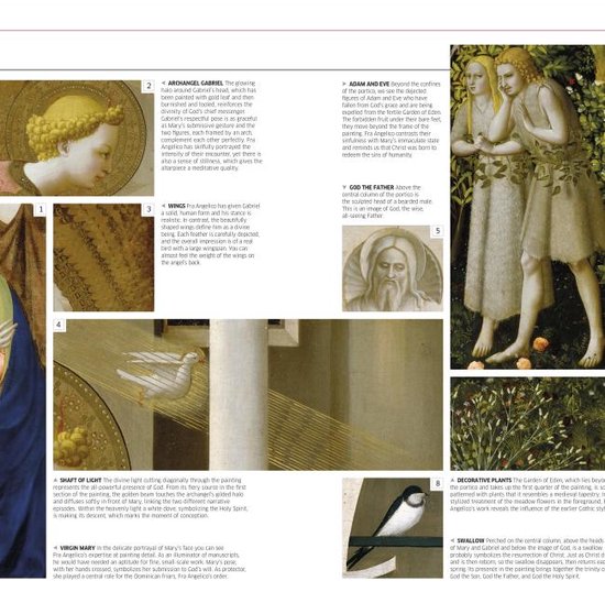De Annunciatie: Maria en een engel, hemelse figuren met gouden tinten en rode accenten.