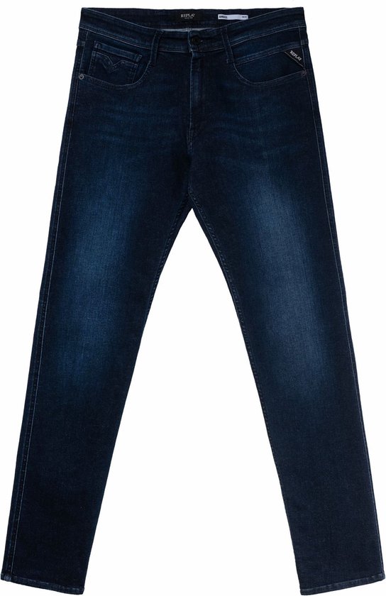 Donkerblauwe Replay Anbass slim fit jeans met vervaagde wassing, platliggend.