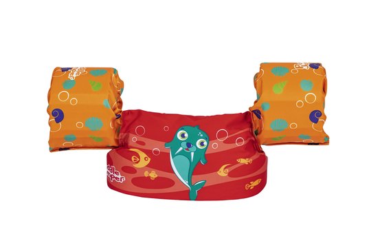 Oranje zwemvleugels met blauwe schelpen en gele visjes. Rode borstband met groene dolfijn en gele visjes. Geschikt voor 15-30 kg.