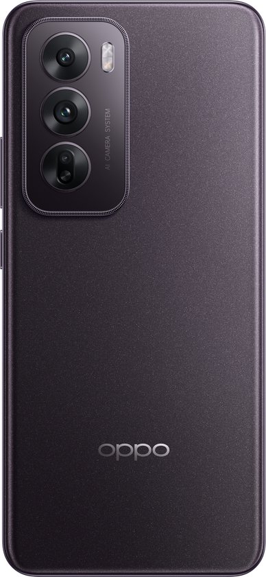 Achterkant van de OPPO Reno12 5G in Black Brown met een opvallend camera-eiland en OPPO-logo.