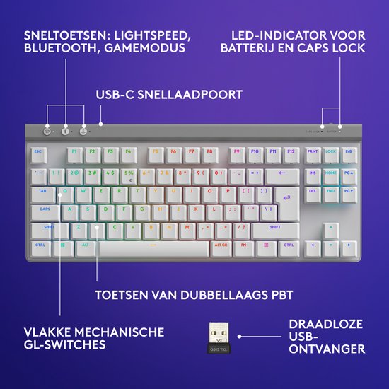 Logitech G515 Lightspeed TKL - Draadloos Gaming Toetsenbord - RGB - Qwerty US - Wit