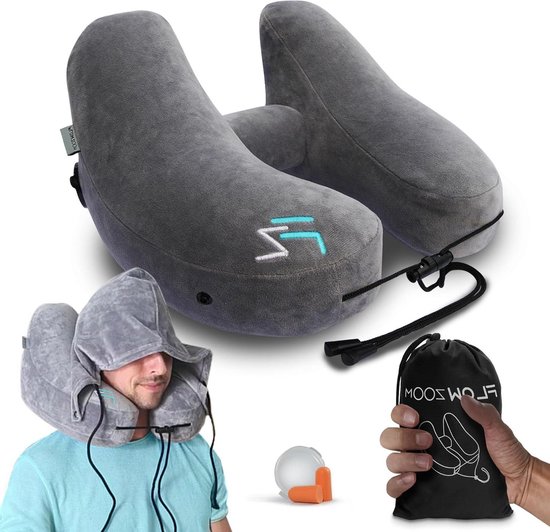 Foto: Opblaasbaar nekkussen met capuchon en oordopjes voor volwassenen snel opblaasbaar reiskussen voor vliegtuig verstelbaar nekkussen met 5 slaapstanden grijs maat l neck pillow