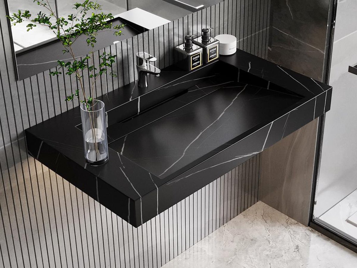 Vente-unique Zwevende wastafel in solid surface met zwart marmereffect TAKOTNA - L90,2 x B45,2 x H8 cm