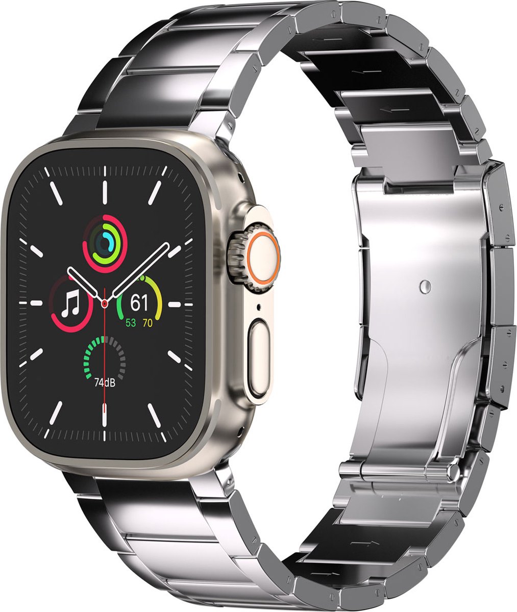 Accezz Glans Titanium bandje geschikt geschikt voor Apple Watch Series 1 / 2 / 3 / 4 / 5 / 6 / 7 / 8 / 9 / SE / Ultra (2) - 42 / 44 / 45 / 49 mm - Zilver
