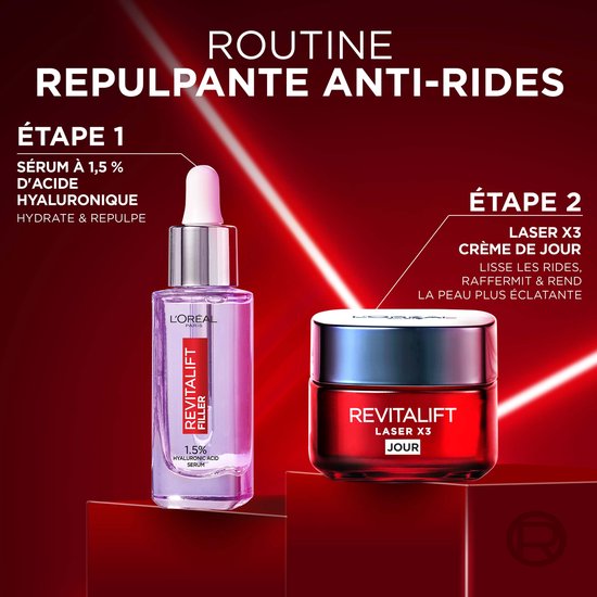 Stap 1 serum met hyaluronzuur en Stap 2 Revitalift Laser X3 dagcrème.