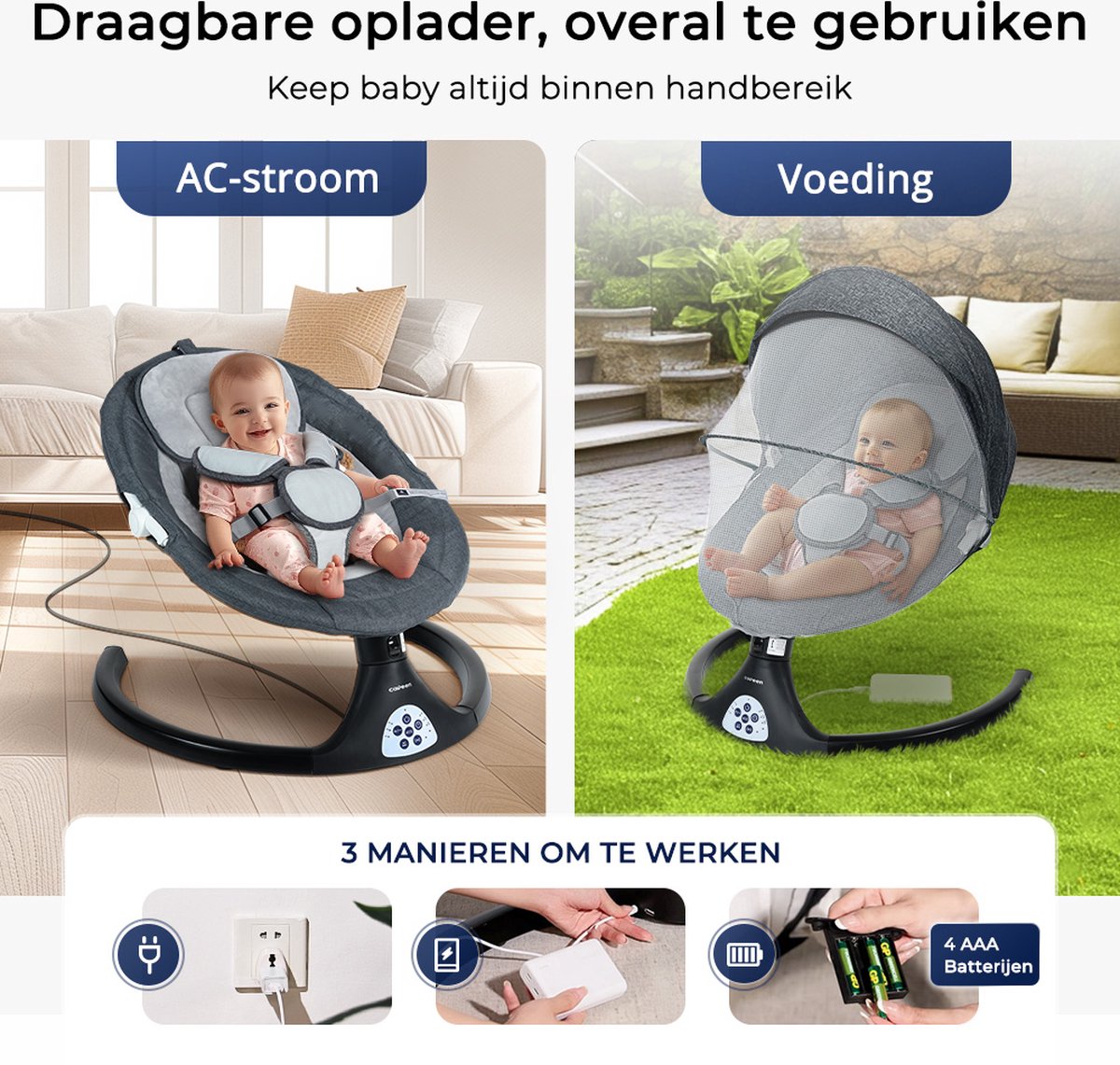 Elektrische Wipstoel - met Timer Afstandsbediening Bluetoothmusic - 5 Zwenksnelheden en 3 Zitposities - Babyschommel - Donkergrijs thumbnail 3