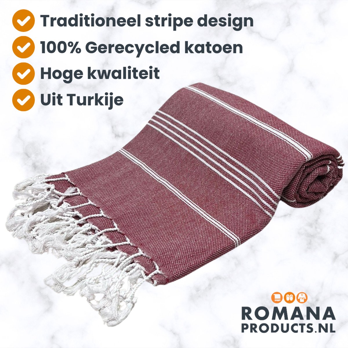Romana Products Stripe Hamamdoek - Baddoek - Strandlaken - Saunalaken - 100cm x 180cm - Bordeaux Rood